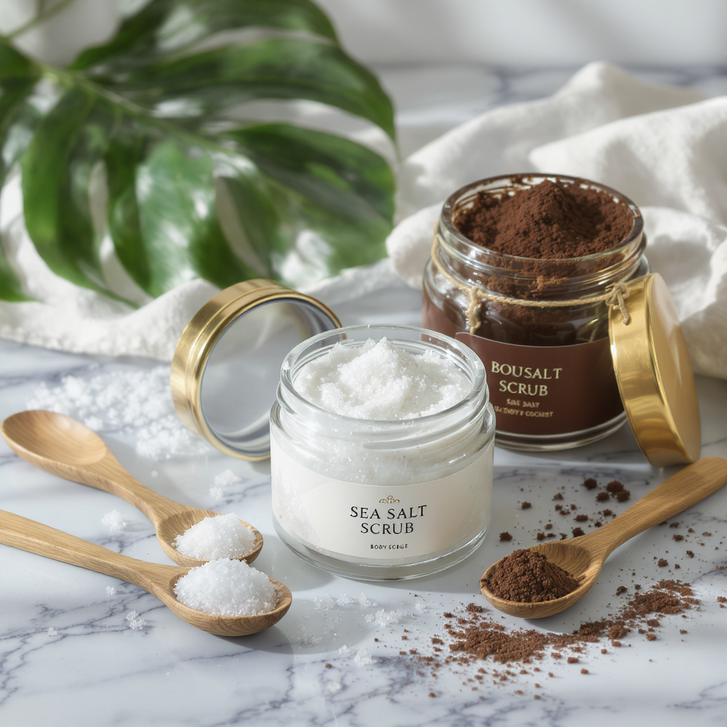 Luxurious body scrub jars with sea salt and coffee grounds, displayed with wooden spoons and tropical leaves on a marble surface with soft natural lighting